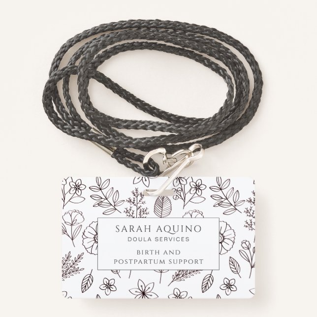 Doula Badge Hand Drawn Floral On White ID Badge (Front with Lanyard)