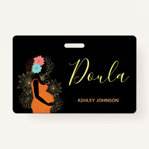 Doula Birth Coach Midwife Floral Calligraphy Black ID Badge