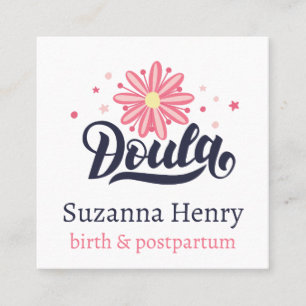 Doula Birth Postpartum Pink Floral Stars Logo Square Business Card