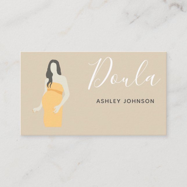 Doula Midwife Pregnant Woman Illustration Beige Business Card (Front)
