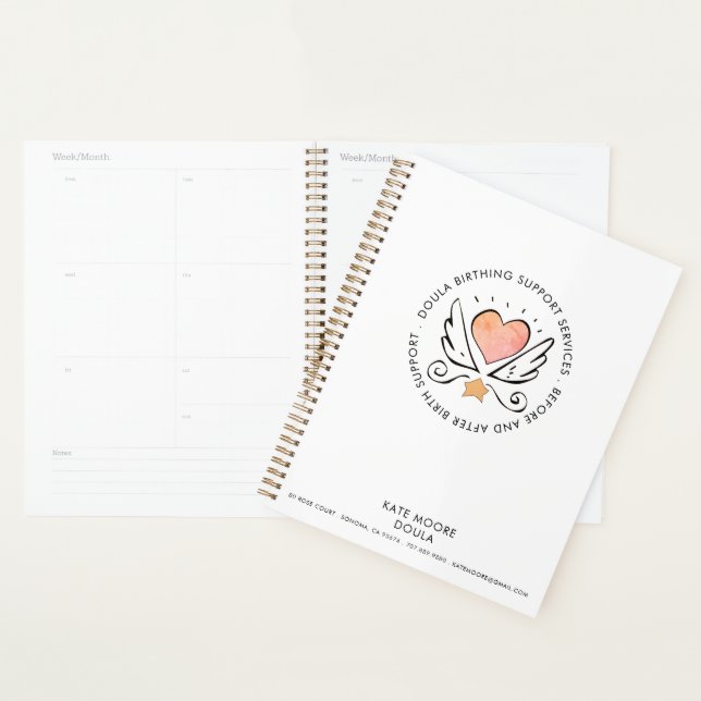 Doula Midwife Whimsical Pink Heart & Wings White Planner (Display)