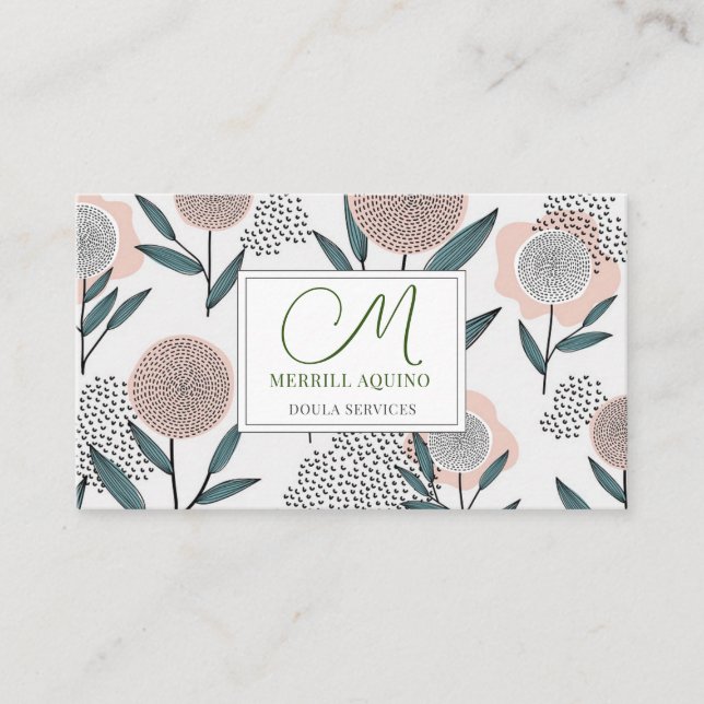 Doula Services Hand Drawn Floral Monogrammed Business Card (Front)