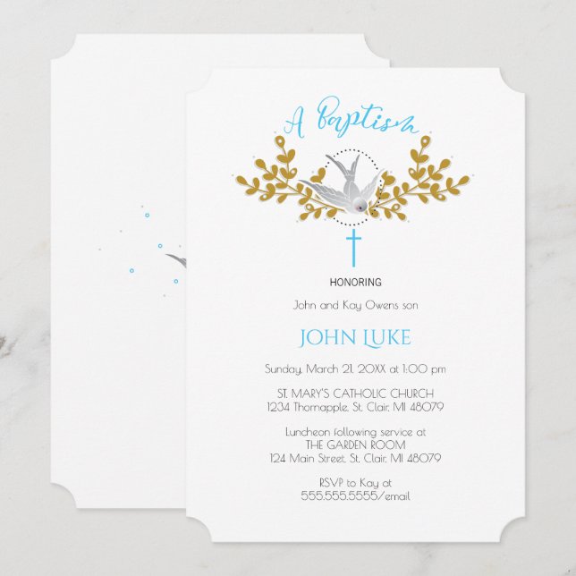Dove and Cross Baptism Invitation {Boy} (Front/Back)