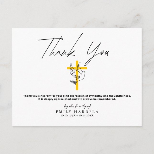 Dove and Cross Funeral Simple Script Thanks Card (Back)