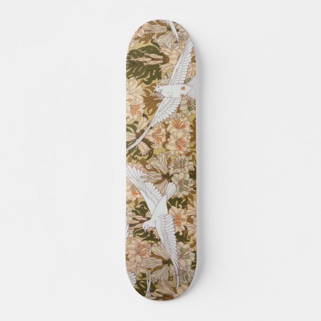 Dove and Lily Floral Print Skateboard (Front)