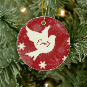Dove and snowflakes personalised ceramic ornament