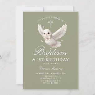 Dove Baptism & 1st Birthday Sage Green Floral Invitation