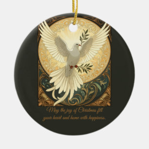 Dove Bird Carrying A Sprig of Olive Christmas Desi Ceramic Ornament