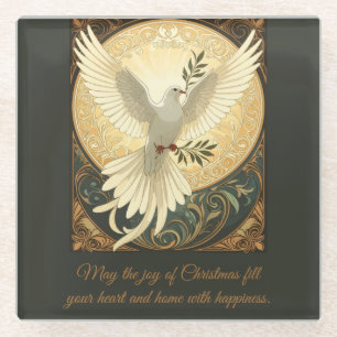 Dove Bird Carrying A Sprig of Olive Christmas Desi Glass Coaster
