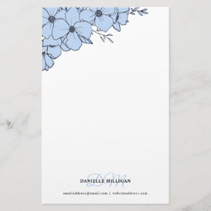 Dove Blue Flowers Name Monogram Website Stationery