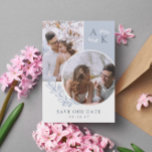 Dove Blue Greenery Overlapping Photos Save The Date<br><div class="desc">Double sided save the date card in white and dove blue with your initials,  overlapping photos,  and greenery with clean elegant fonts. Photo save the date card with a modern design personalised with your monogram and photos,  two on one side and one on the other.</div>