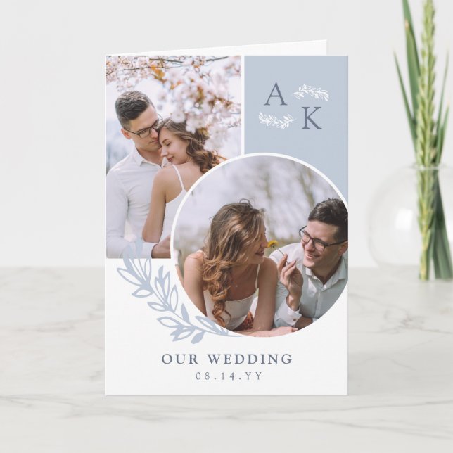 Dove Blue Greenery Overlapping Photos Wedding Program (Front)