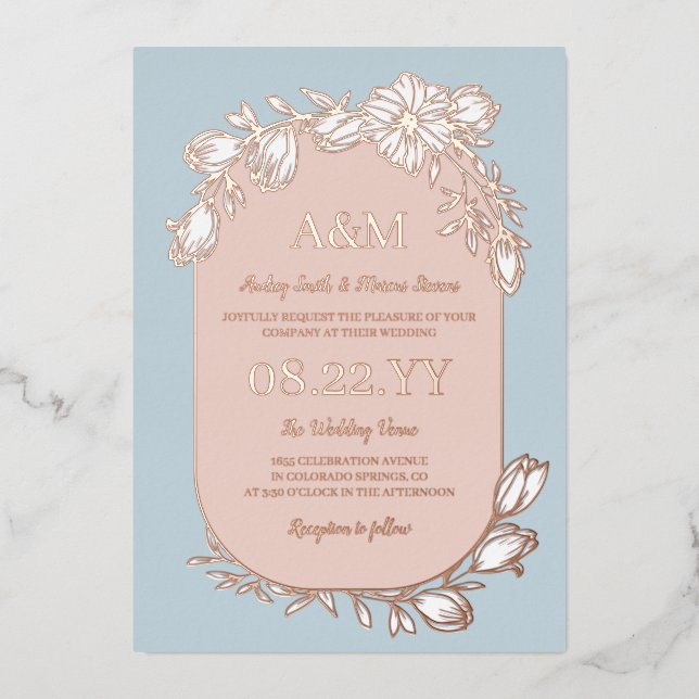 Dove Blue Rose Gold White Floral Frame Wedding (Front)
