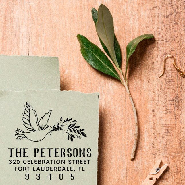 Dove & Branch Drawing Family Name Return Address Rubber Stamp (Creator Uploaded)