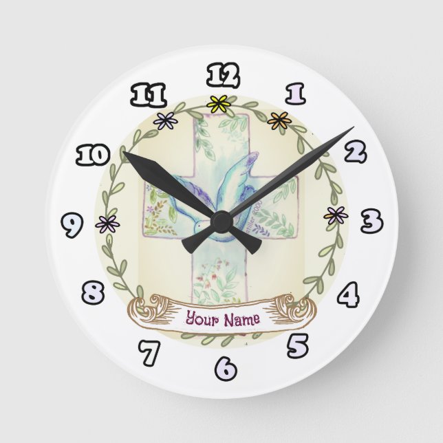 Dove Christian Cross  Round Clock (Front)