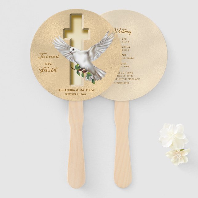 Dove Cross Faux Foil Wedding Program Hand Fan (Front and Back)