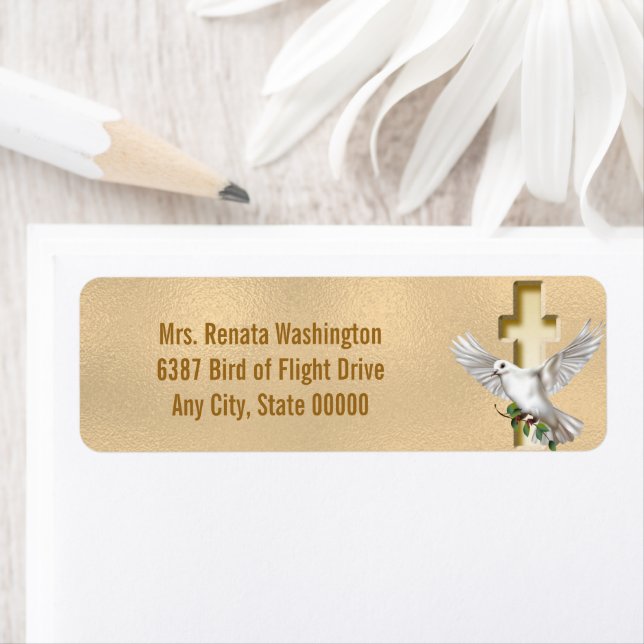 Dove Cross Gold Faux Foil Wedding Return Address Label (Insitu)