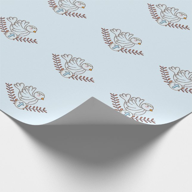 Dove Cross Religious Baptism Christening Baby Boy Wrapping Paper (Corner)