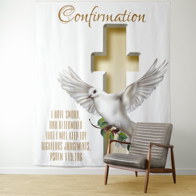 Dove Cross Scripture Confirmation Baptism Backdrop Tapestry (In Situ)