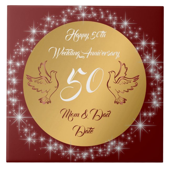 Dove Customise Happy Gold 50th Anniversary Ceramic Tile (Front)