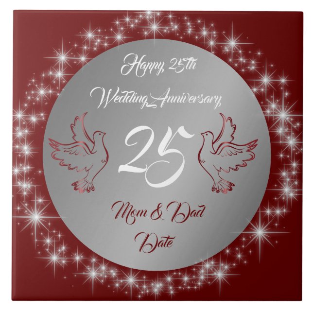 Dove Customise Happy Silver 25th Anniversary Ceramic Tile (Front)