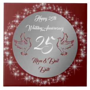 Dove Customize Happy Silver 25th Anniversary Ceramic Tile