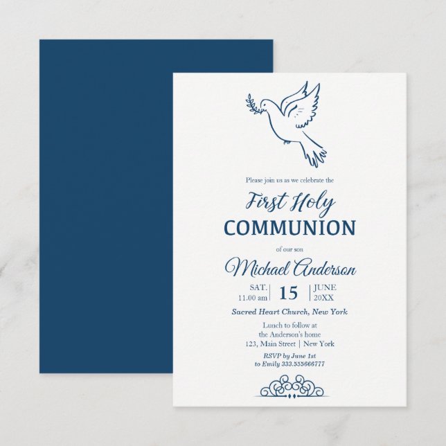 Dove First Communion Blu Elegant Invitation (Front/Back)