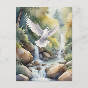 dove flying above stream watercolor postcard