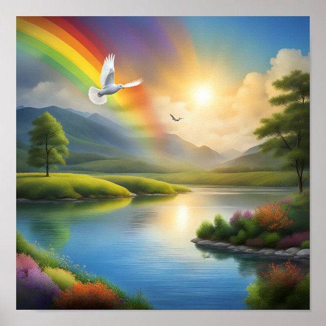 Dove Flying Over a Serene Landscape Poster (Front)