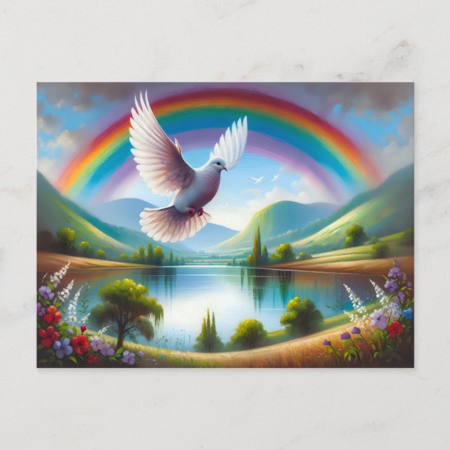 Dove Flying Under a Rainbow Postcard (Front)
