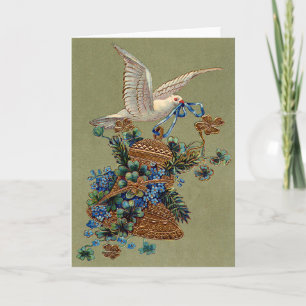 Dove Forget Me Not Four Leaf Clover Bell Evergreen Holiday Card