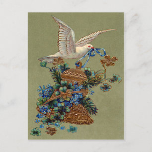 Dove Forget Me Not Four Leaf Clover Bell Evergreen Postcard