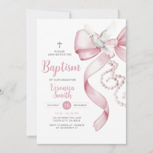 Dove Girl Baptism Pink Bow Pearl Necklace Cross Invitation