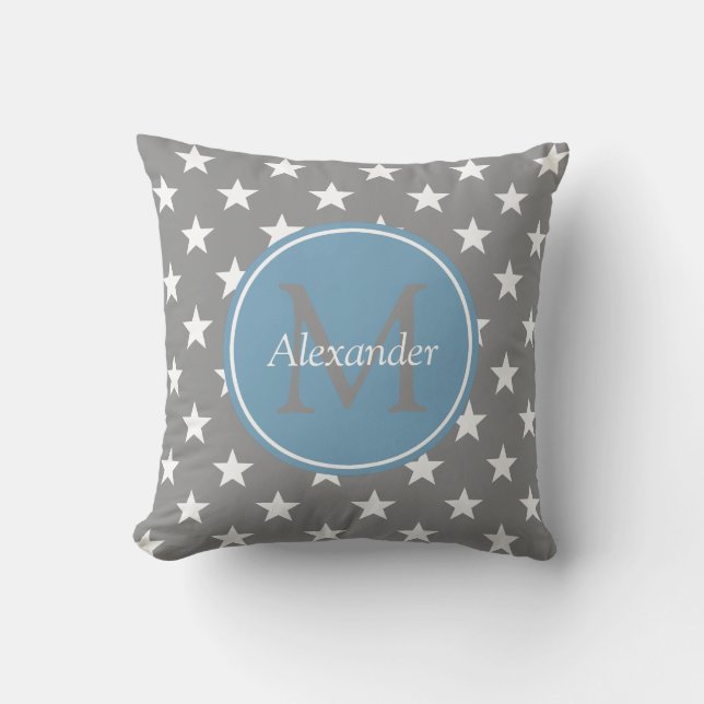 Dove Grey and Carolina Blue Stars Monogram Cushion (Front)