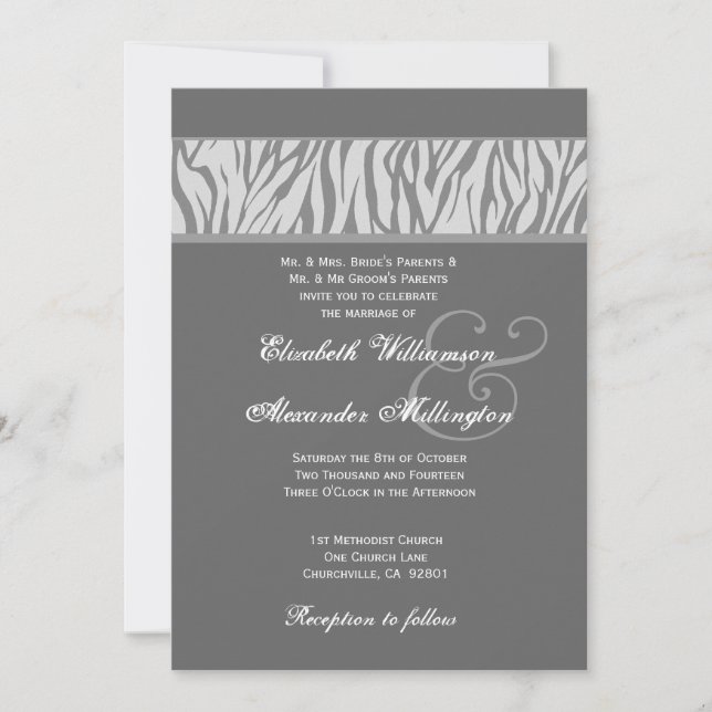 Dove Grey and Silver Zebra Wedding Paper Invitation (Front)