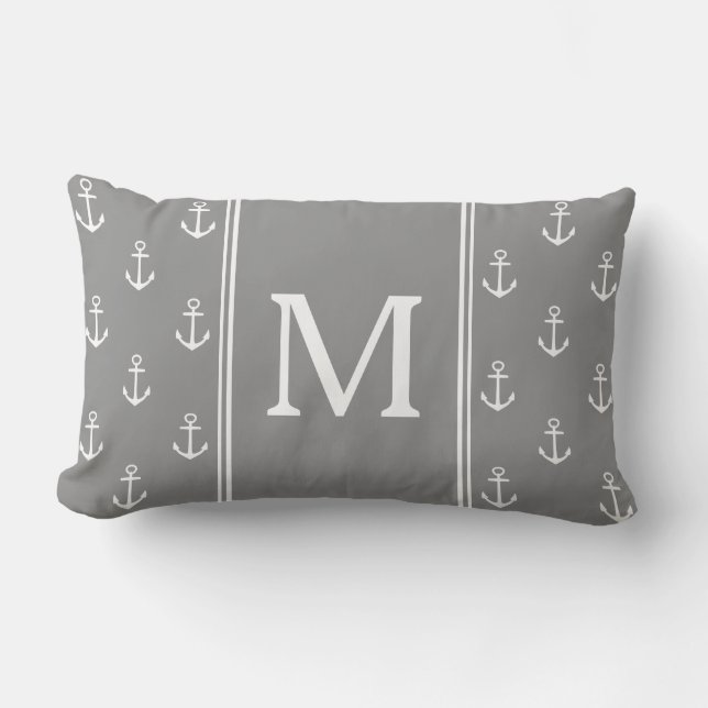 Dove Grey and White Anchors Monogram Lumbar Cushion (Front)