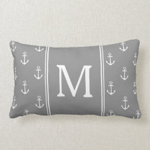 Dove Grey and White Anchors Monogram Lumbar Cushion