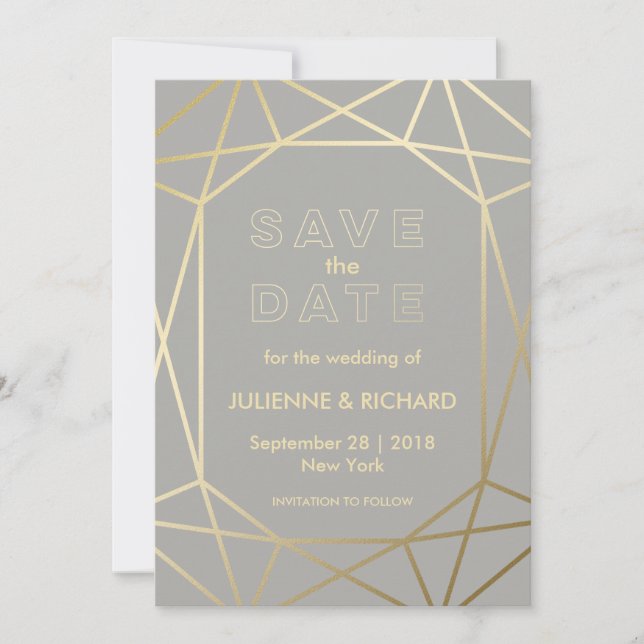Dove Grey & Gold Geometric Wedding Save the Date (Front)