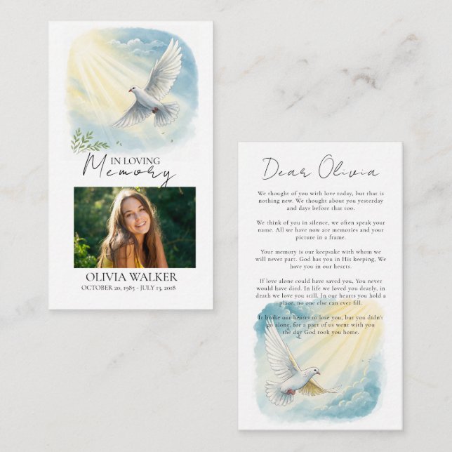 Dove in Sunlight Memorial Funeral Prayer Card  (Front/Back)