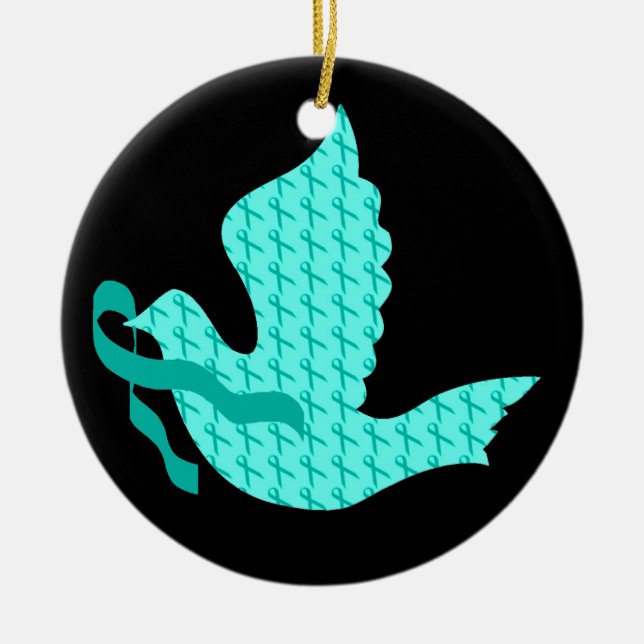 Dove of Hope Teal Ribbon - Ovarian Cancer Ceramic Ornament (Front)