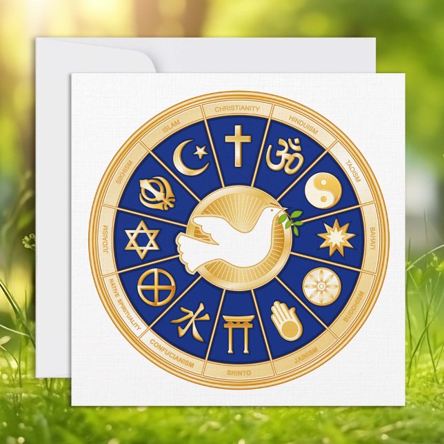 Dove of Peace 5.25" x 5.25" Flat Card (Dove of Peace. Gold icons of world faiths surround the Dove of Peace.)