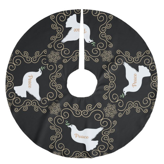 Dove of Peace Black and White Brushed Polyester Tree Skirt (Front)