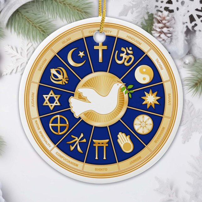 Dove of Peace Ceramic Ornament (Gold icons of world faiths surround the Dove of Peace. )
