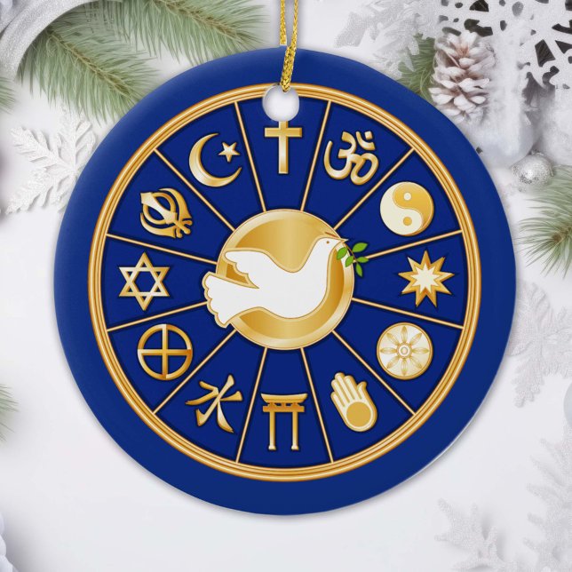 Dove of Peace Ceramic Tree Decoration (Gold icons of world faiths surround the Dove of Peace, an international symbol of harmony. )