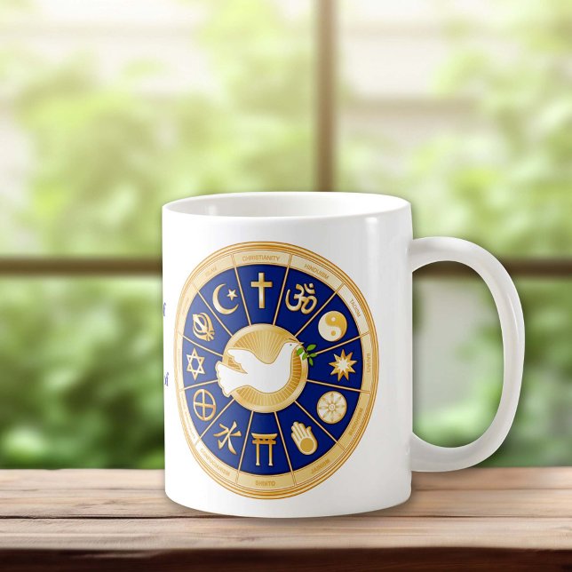 Dove of Peace Coffee Mug (Dove of Peace Mug. Gold icons of world faiths surround the international symbol of harmony.)
