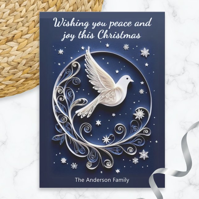 Dove of Peace Elegant Faux Papercraft Christmas Holiday Card (An elegant Christmas card, featuring a dove of peace picture with a papercraft appearance)