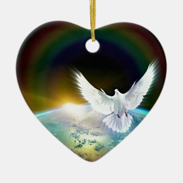 Dove of Peace Holy Spirit over Earth with Rainbow Ceramic Ornament (Front)