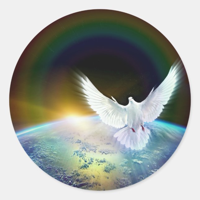 Dove of Peace Holy Spirit over Earth with Rainbow. Classic Round Sticker (Front)