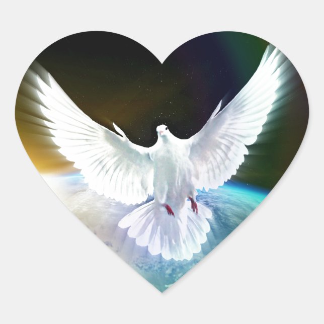 Dove of Peace Holy Spirit over Earth with Rainbow. Heart Sticker (Front)