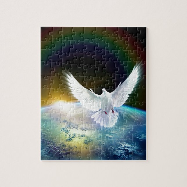 Dove of Peace Holy Spirit over Earth with Rainbow Jigsaw Puzzle (Vertical)